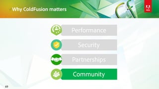Why ColdFusion matters
69
Performance
Security
Partnerships
Community
 