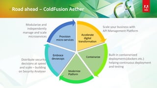 Road ahead – ColdFusion Aether
Accelerate
digital
transformation
Containarize
Modernize
Platform
Embrace
devsecops
Provision
micro-services
Scale your business with
API Management Platform
Built-in containerized
deployments(dockers etc.)
helping continuous deployment
and testing
Distribute security
decisions at speed
and scale – building
on Security Analyser
Modularize and
independently
manage and scale
microservices
 