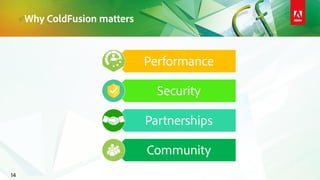 Why ColdFusion matters
14
Performance
Security
Partnerships
Community
 
