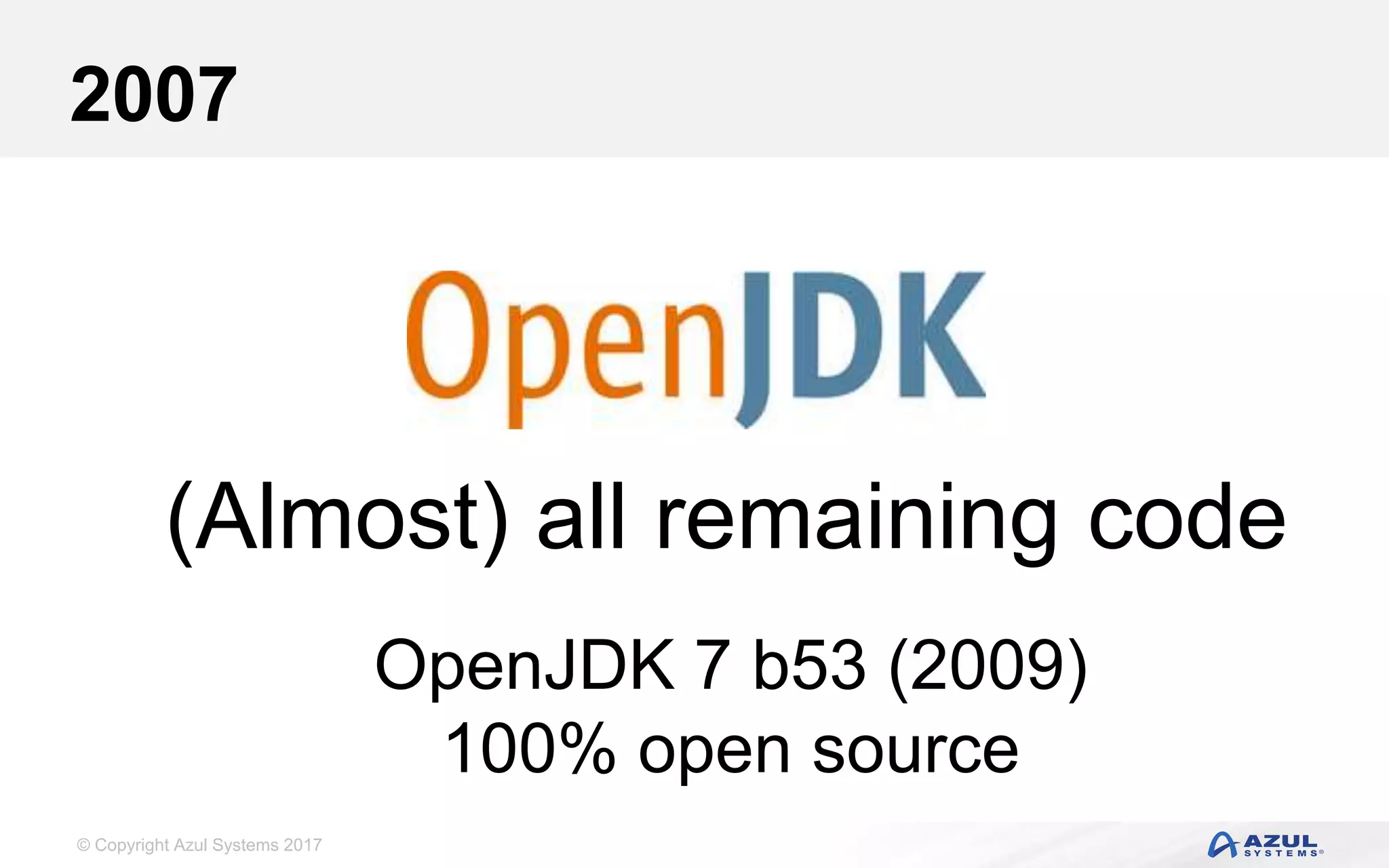 © Copyright Azul Systems 2017
2007
(Almost) all remaining code
OpenJDK 7 b53 (2009)
100% open source
 