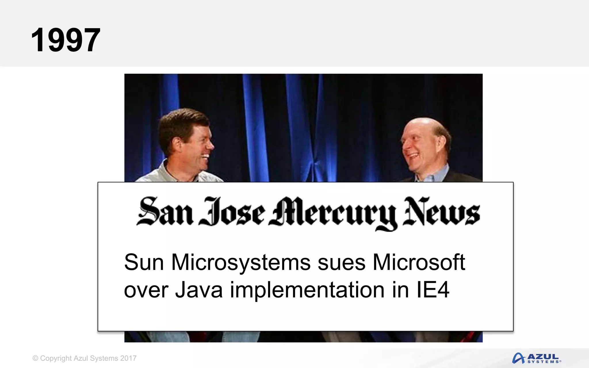 © Copyright Azul Systems 2017
1997
Sun Microsystems sues Microsoft
over Java implementation in IE4
 