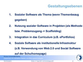 Gestaltungsebenen Sozialer Software als Thema (wenn Themenbezug gegeben) Nutzung sozialer Software in Projekten (als Methode bzw. Problemzugang -> Scaffolding) Integration in das Curriculum (z.B. ePortfolios)  Soziale Software als institutionelle Infrastruktur (z.B. Verwendung von Web 2.0 und Social Software auf der Schulhomepage) 