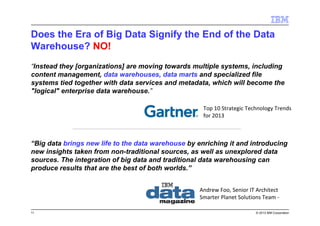 11 © 2013 IBM Corporation
Does the Era of Big Data Signify the End of the Data
Warehouse? NO!
“Instead they [organizations] are moving towards multiple systems, including
content management, data warehouses, data marts and specialized file
systems tied together with data services and metadata, which will become the
"logical" enterprise data warehouse.”
Andrew Foo, Senior IT Architect
Smarter Planet Solutions Team -
“Big data brings new life to the data warehouse by enriching it and introducing
new insights taken from non-traditional sources, as well as unexplored data
sources. The integration of big data and traditional data warehousing can
produce results that are the best of both worlds.”
Top 10 Strategic Technology Trends
for 2013
 