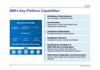 18 © 2013 IBM Corporation
IBM’s Key Platform Capabilities
Accelerators
Information Integration & Governance
Data
Warehouse
Stream
Computing
Hadoop
System
DiscoveryApplication
Development
Systems
Management
BIG DATA PLATFORM
PureData for Analytics &
DB2 with BLU Acceleration
Delivers deep insight with advanced
database analytics & operational analytics
Information Integration and Governance
Govern data quality and manage the information
lifecycle
Accelerators
Speed time to value with analytic and
application accelerators
InfoSphere Data Explorer
Find, navigate, visualize all data
InfoSphere BigInsights
Bringing Hadoop to the enterprise
InfoSphere Streams
Analytics for data in-motion exploration
 