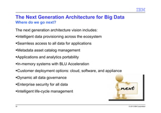 30 © 2013 IBM Corporation
The Next Generation Architecture for Big Data
Where do we go next?
The next generation architecture vision includes:
Intelligent data provisioning across the ecosystem
Seamless access to all data for applications
Metadata asset catalog management
Applications and analytics portability
In-memory systems with BLU Acceleration
Customer deployment options: cloud, software, and appliance
Dynamic all data governance
Enterprise security for all data
Intelligent life-cycle management
 