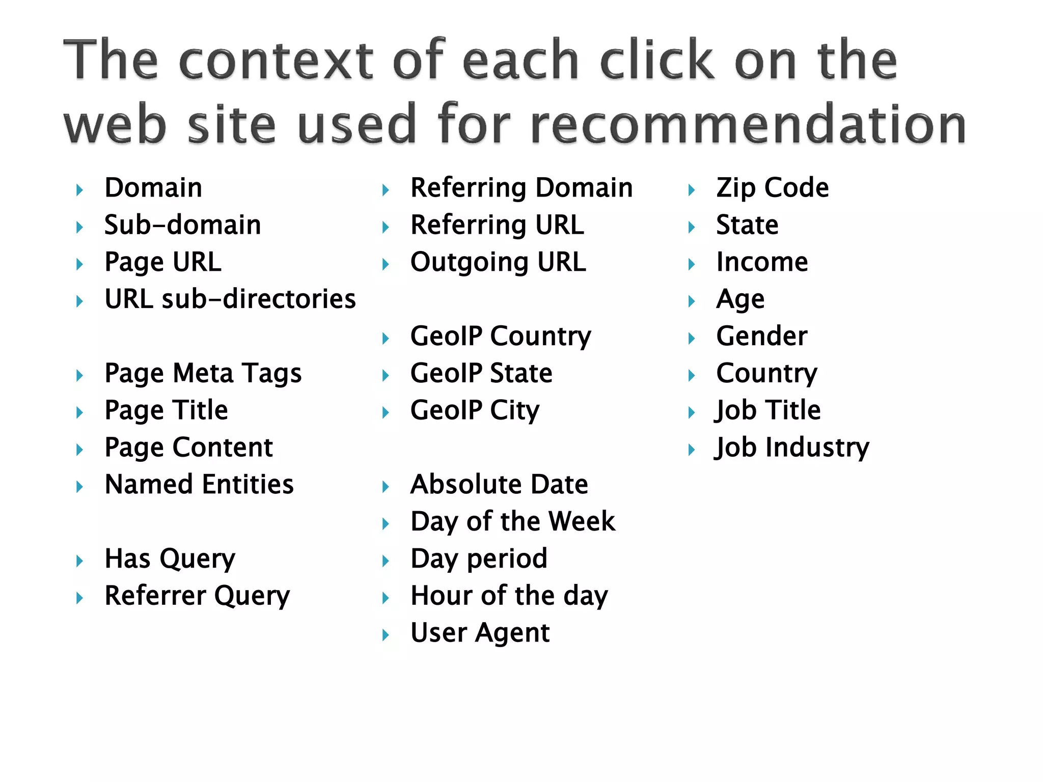 





Domain
Sub-domain
Page URL
URL sub-directories










Page Meta Tags
Page Title
Page Content
Named Entities






Has Query
Referrer Query




GeoIP Country
GeoIP State
GeoIP City



















Referring Domain
Referring URL
Outgoing URL





Absolute Date
Day of the Week
Day period
Hour of the day
User Agent

Zip Code
State
Income
Age
Gender
Country
Job Title
Job Industry

 