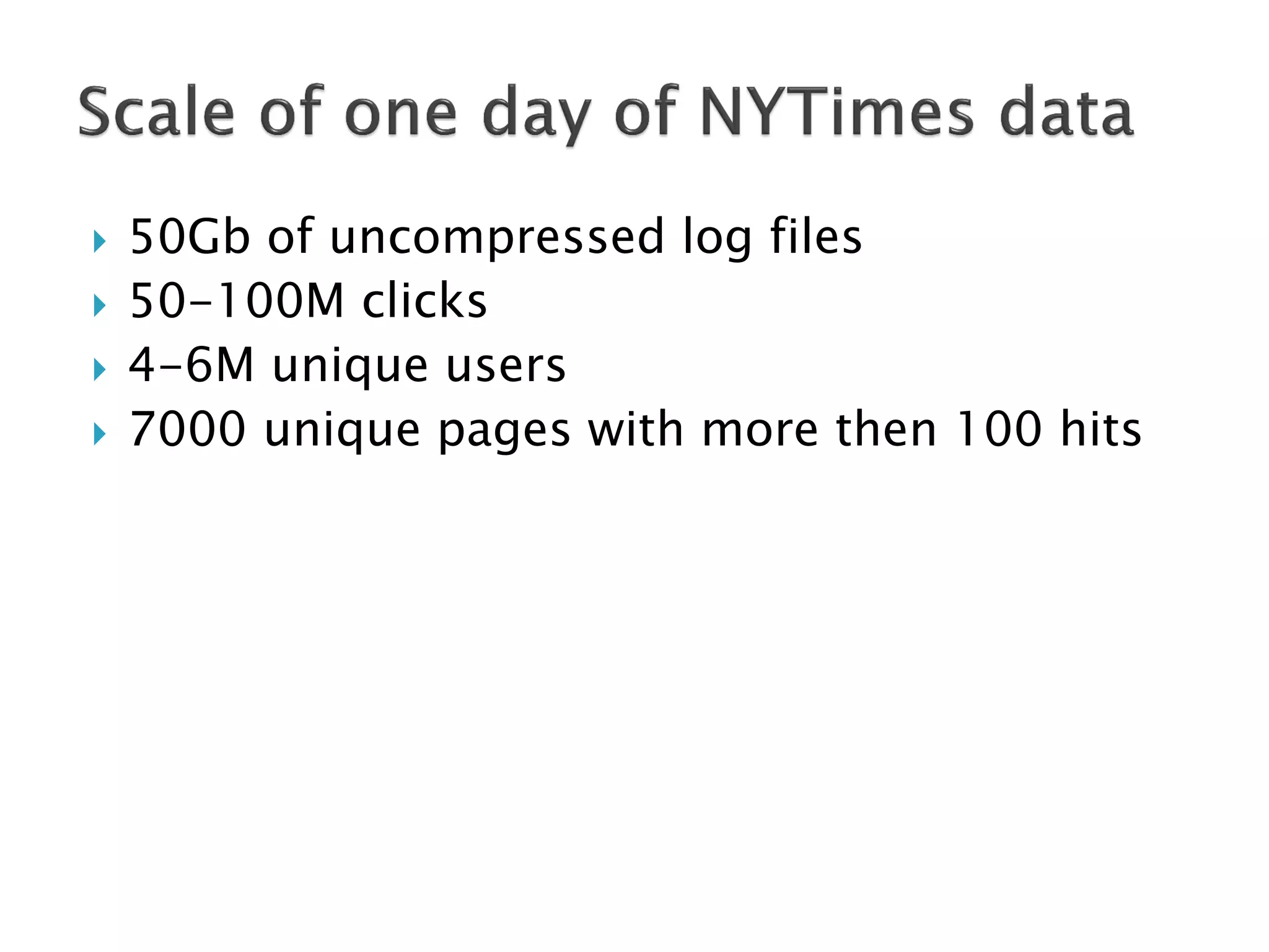 




50Gb of uncompressed log files
50-100M clicks
4-6M unique users
7000 unique pages with more then 100 hits

 