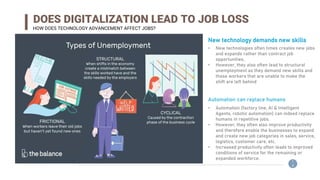 1
4
DOES DIGITALIZATION LEAD TO JOB LOSS
HOW DOES TECHNOLOGY ADVANCEMENT AFFECT JOBS?
New technology demands new skills
• New technologies often times creates new jobs
and expands rather than contract job
opportunities.
• However, they also often lead to structural
unemployment as they demand new skills and
those workers that are unable to make the
shift are left behind
Automation can replace humans
• Automation (factory line, AI & Intelligent
Agents, robotic automation) can indeed replace
humans in repetitive jobs.
• However, they often also improve productivity
and therefore enable the businesses to expand
and create new job categories in sales, service,
logistics, customer care, etc.
• Increased productivity often leads to improved
conditions of service for the remaining or
expanded workforce.
 