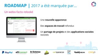 ROADMAP | 2017 a été marquée par...
Une nouvelle apparence
Des espaces de travail refondus
Un partage de projets et des applications sociales
revisités
Un webo-facto relooké
 