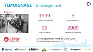 TÉMOIGNAGE | L’hébergement
Année de création
1999
Expertises Métiers
3
Collaborateurs
25
Partenariat Medialibs
2009
Accompagnement de PME du Grand Ouest
Sites vitrines et e-commerce
L’agence
 