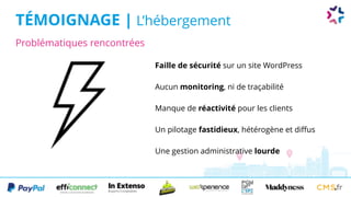 Problématiques rencontrées
TÉMOIGNAGE | L’hébergement
Faille de sécurité sur un site WordPress
Aucun monitoring, ni de traçabilité
Manque de réactivité pour les clients
Un pilotage fastidieux, hétérogène et diffus
Une gestion administrative lourde
 