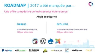 ROADMAP | 2017 a été marquée par...
Audit de sécurité
Une offre compétitive de maintenance open-source
FIABILIS
Maintenance corrective
19€ par site / mois
EVOLUTIS
Maintenance corrective et évolutive
29€ par site / mois
 