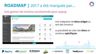 ROADMAP | 2017 a été marquée par...
Une intégration de blocs widget au
sein des contenus
La possibilité de créer des blocs de
contenus spécifiques
Une gestion de contenu survitaminée pour saytup
 
