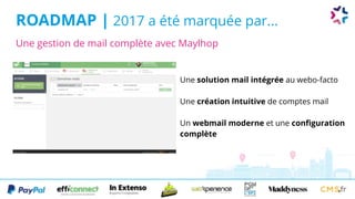 ROADMAP | 2017 a été marquée par...
Une solution mail intégrée au webo-facto
Une création intuitive de comptes mail
Un webmail moderne et une configuration
complète
Une gestion de mail complète avec Maylhop
 