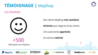 Les résultats
TÉMOIGNAGE | Maylhop
Des clients Maylhop très satisfaits
Sérénité pour l’agence et les clients
Une autonomie appréciée
Un service valorisé
+500
Mails gérés avec Maylhop
 