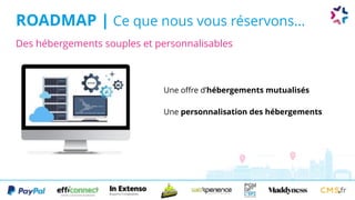 ROADMAP | Ce que nous vous réservons...
Une offre d’hébergements mutualisés
Une personnalisation des hébergements
Des hébergements souples et personnalisables
 