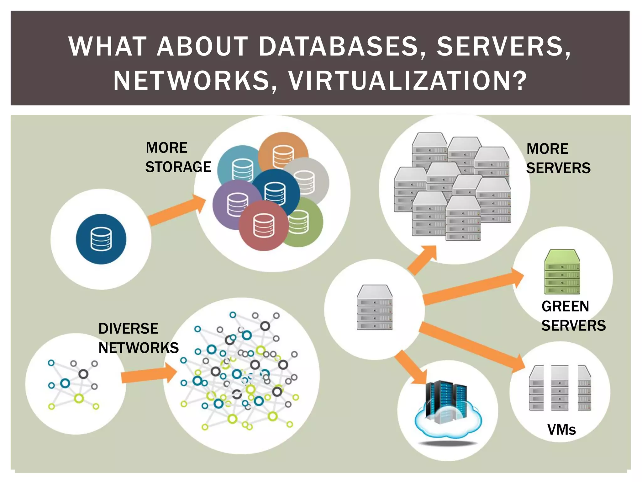 WHAT ABOUT DATABASES, SERVERS,
NETWORKS, VIRTUALIZATION?
MORE
STORAGE
MORE
SERVERS
GREEN
SERVERSDIVERSE
NETWORKS
VMs
 