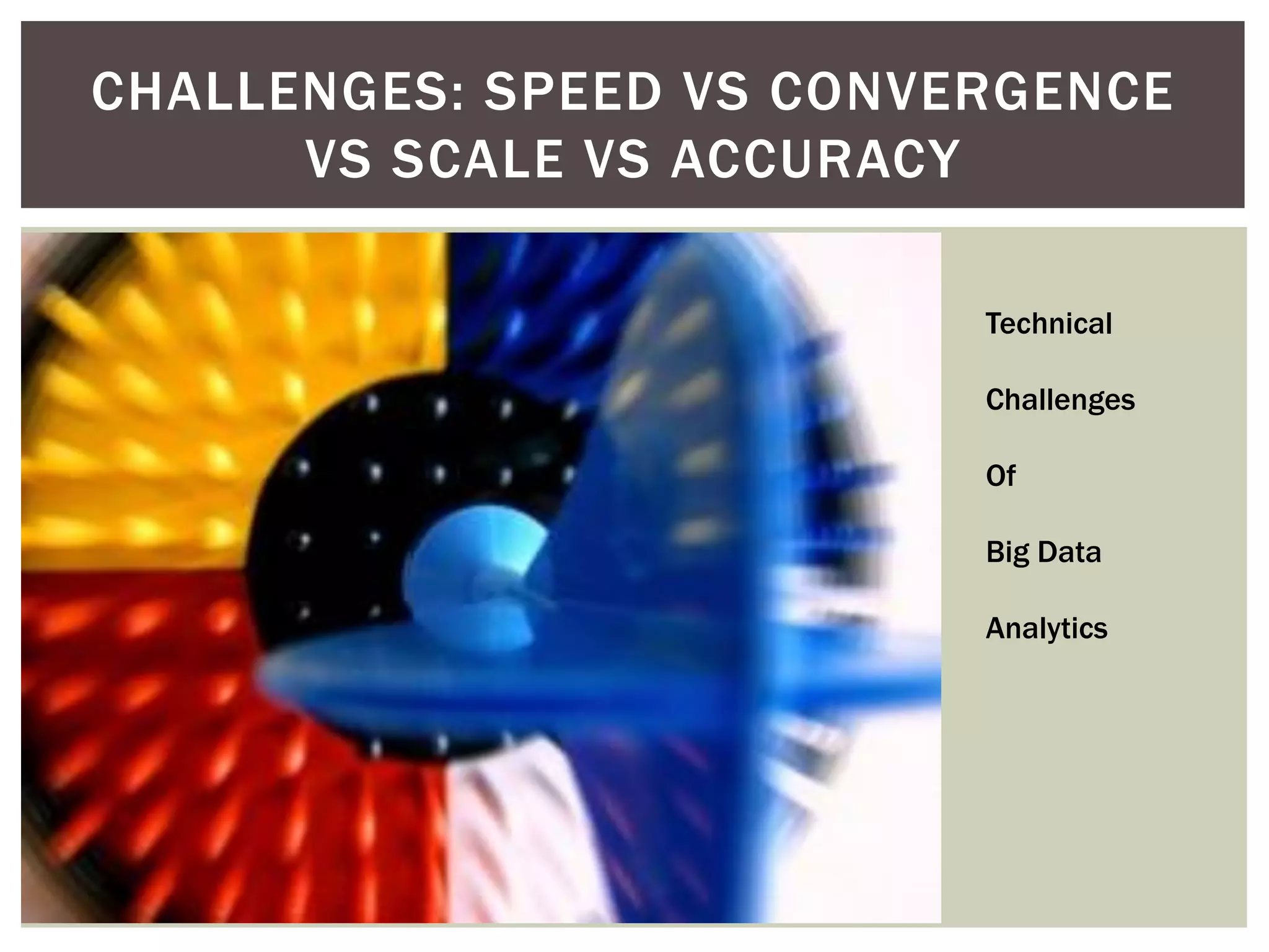  I need a picture here
CHALLENGES: SPEED VS CONVERGENCE
VS SCALE VS ACCURACY
Technical
Challenges
Of
Big Data
Analytics
 