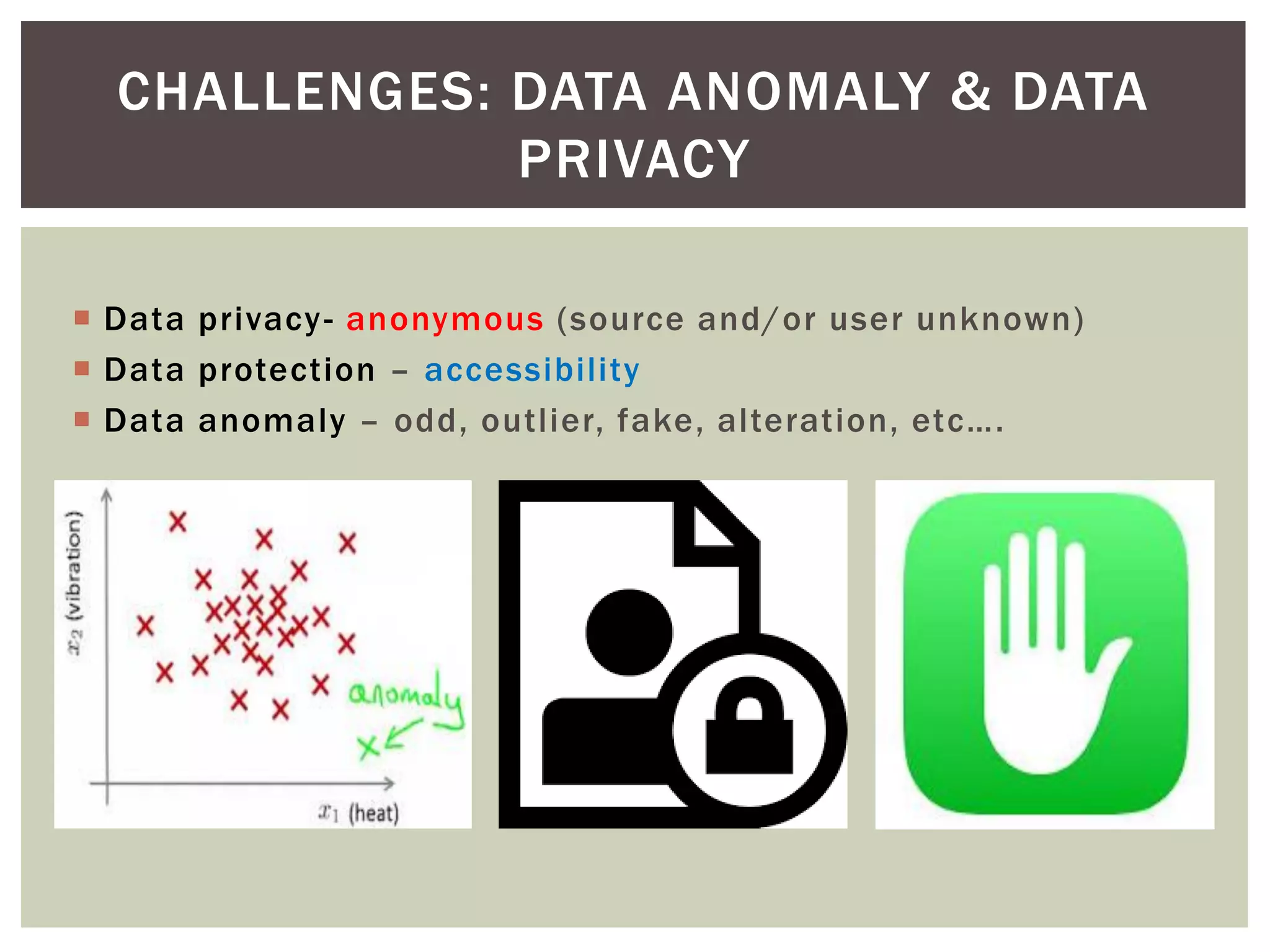  Data privacy- anonymous (source and/or user unknown)
 Data protection – accessibility
 Data anomaly – odd, outlier, fake, alteration, etc….
CHALLENGES: DATA ANOMALY & DATA
PRIVACY
 