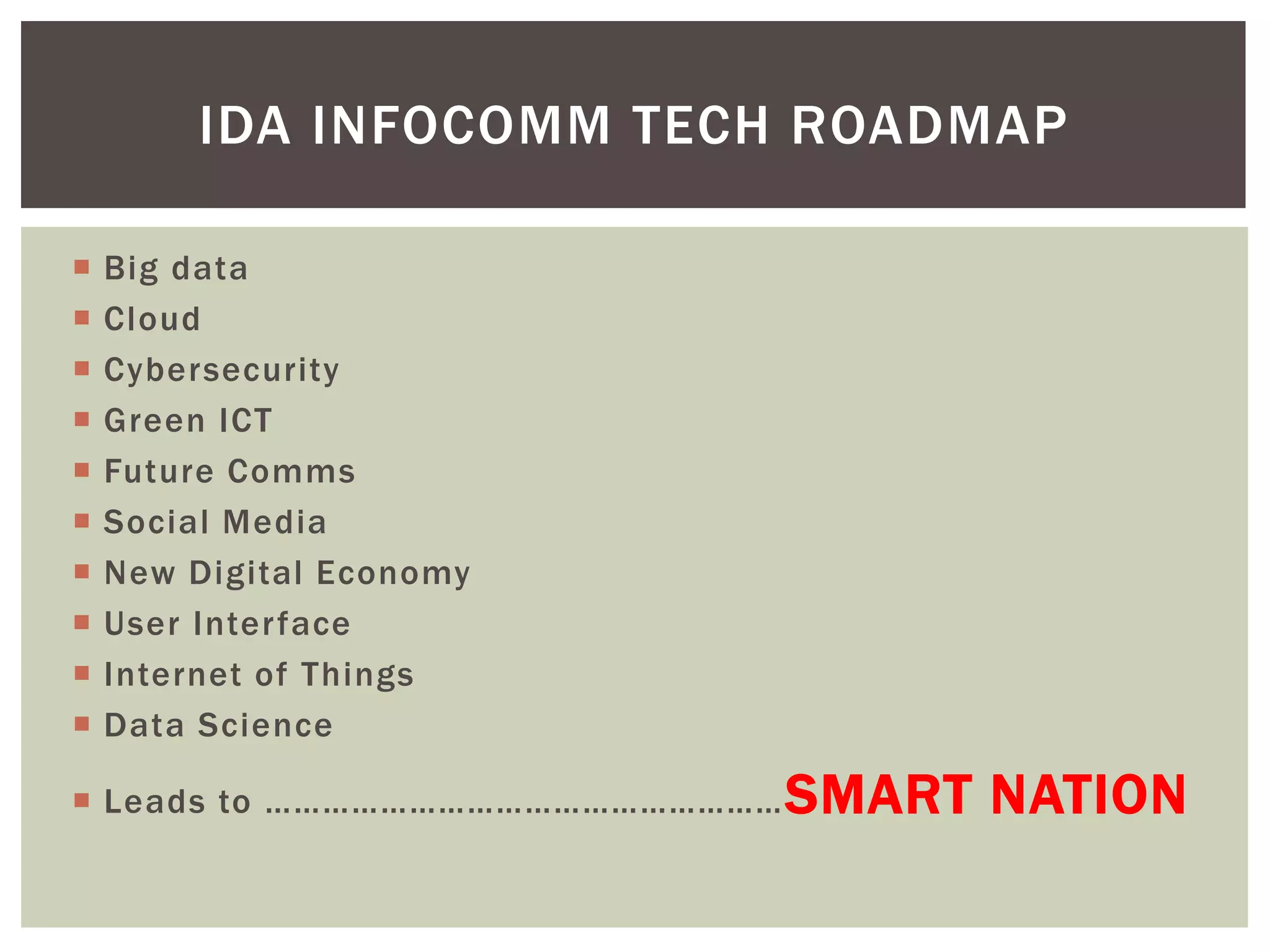  Big data
 Cloud
 Cybersecurity
 Green ICT
 Future Comms
 Social Media
 New Digital Economy
 User Interface
 Internet of Things
 Data Science
 Leads to ………………………………………………SMART NATION
IDA INFOCOMM TECH ROADMAP
 