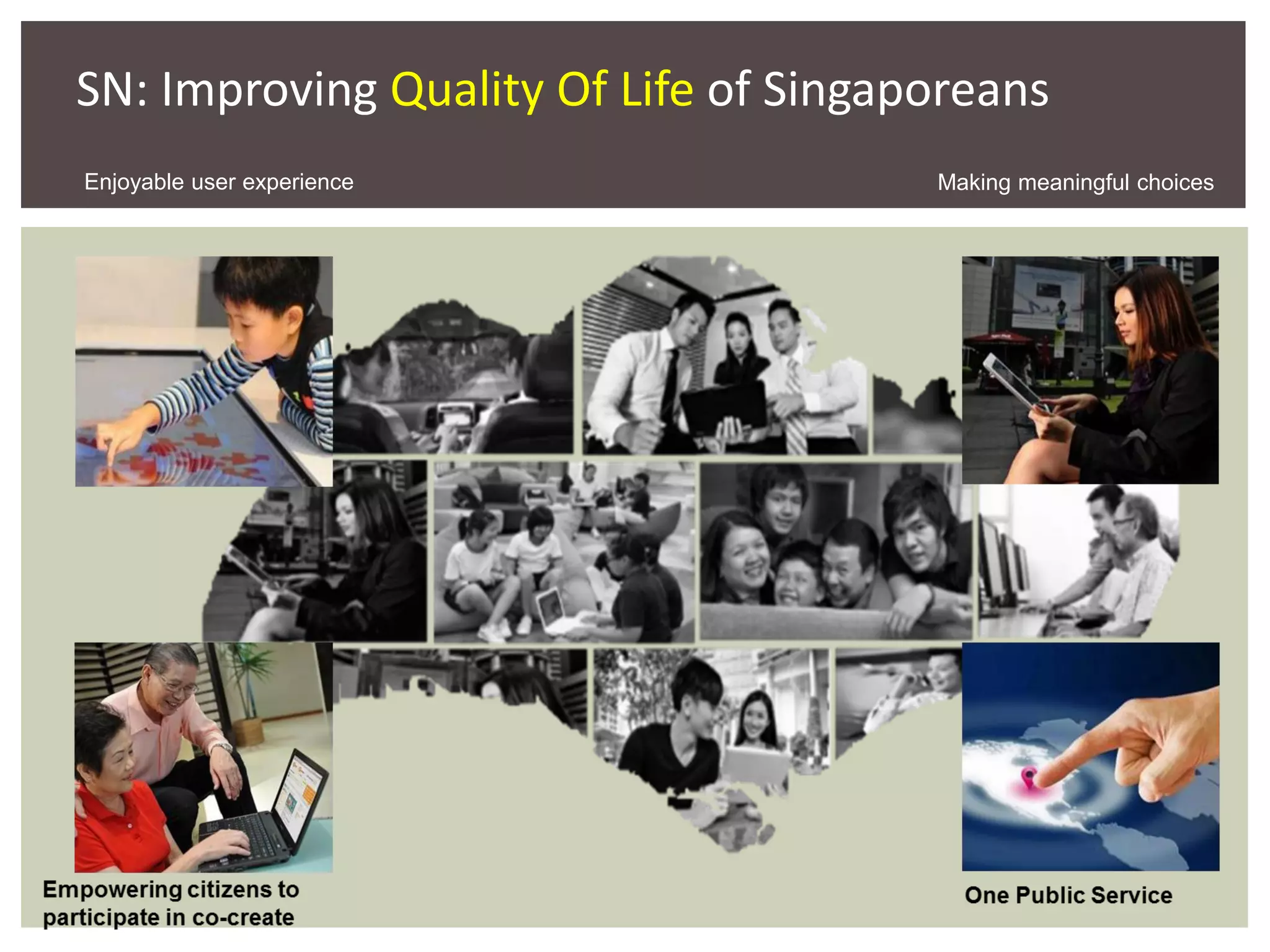 SN: Improving Quality Of Life of Singaporeans
Enjoyable user experience Making meaningful choices
 