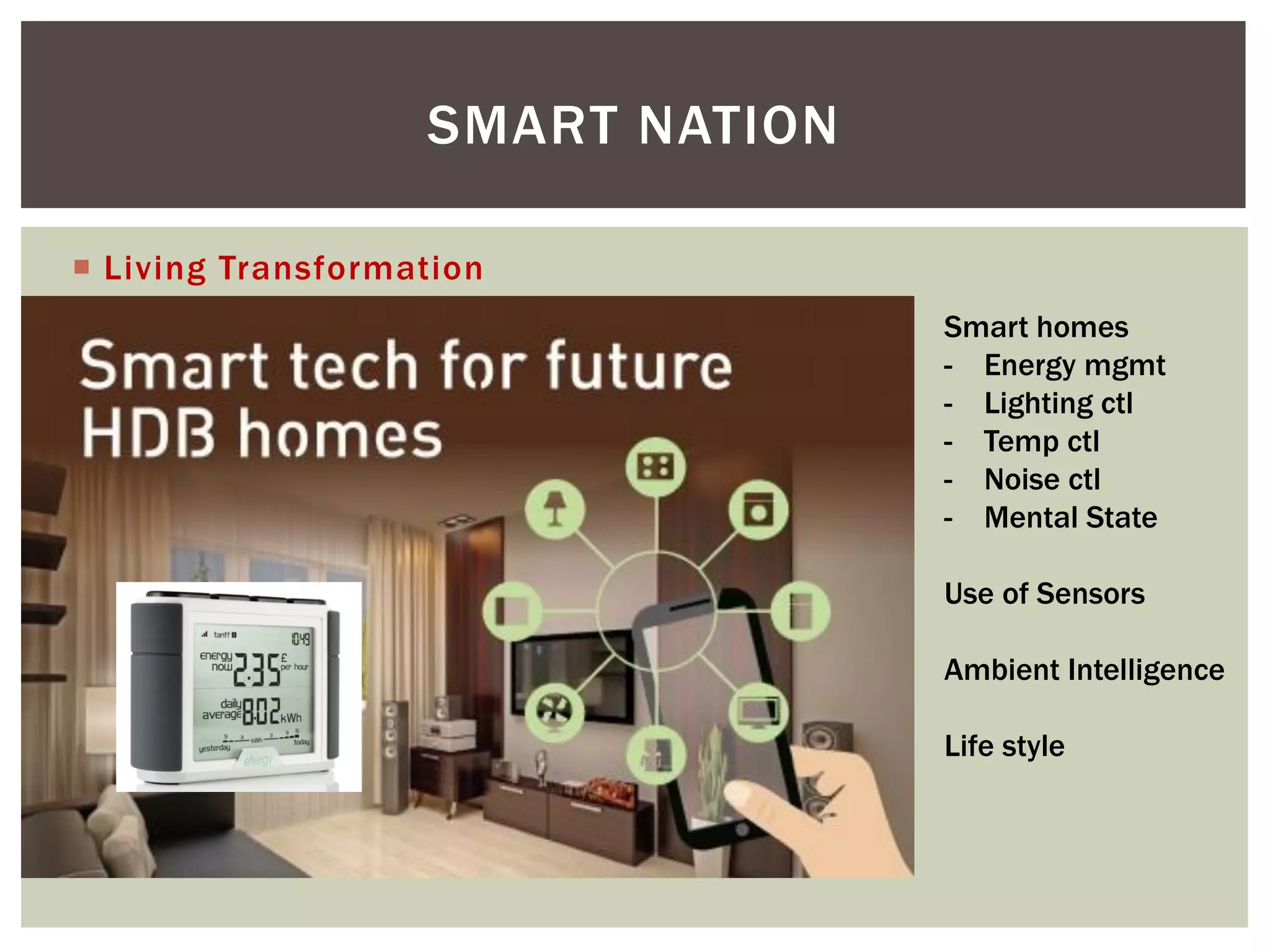  Living Transformation
SMART NATION
Smart homes
- Energy mgmt
- Lighting ctl
- Temp ctl
- Noise ctl
- Mental State
Use of Sensors
Ambient Intelligence
Life style
 
