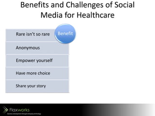 Benefits and Challenges of Social
Media for Healthcare
Rare isn’t so rare
Anonymous
Empower yourself
Have more choice
Share your story
Benefit
 