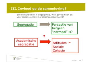 1/07/15 pag. 17
III. Invloed op de samenleving?
Scholen spelen rol in ongelijkheid. Welk gevolg heeft dit
voor sociale cohesie (burgerschapshoudingen)?
Perceptie van
hetgeen
“normaal” is?
Segregatie
Attitudes
˜Sociale
Cohesie
Academische
segregatie
?
 