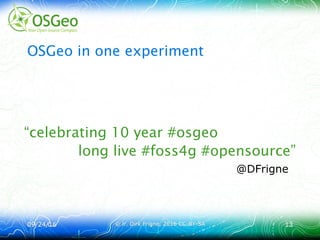 09/24/1609/24/16 © ir. Dirk Frigne, 2016 CC-BY-SA© ir. Dirk Frigne, 2016 CC-BY-SA 1313
OSGeo in one experiment
“celebrating 10 year #osgeo
long live #foss4g #opensource”
@DFrigne
 