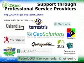 03/30/1603/30/16 © ir. Dirk Frigne, 2016 CC-BY-SA© ir. Dirk Frigne, 2016 CC-BY-SA 1616
Support through
Professional Service Providers
A few logos out of many....
http://www.osgeo.org/search_profile
Source: Slide Astrid Emde
 