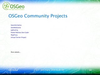 03/30/1603/30/16 © ir. Dirk Frigne, 2016 CC-BY-SA© ir. Dirk Frigne, 2016 CC-BY-SA 4444
OSGeo Community Projects
Geoinformatica
GeoWebCache
pgRouting
Postal Address Geo-Coder
MapProxy
Virtual Terrain Project
More details...
 