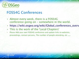 03/30/1603/30/16 © ir. Dirk Frigne, 2016 CC-BY-SA© ir. Dirk Frigne, 2016 CC-BY-SA 5959
FOSS4G Conferences
• Almost every week, there is a FOSS4G
conference going on – somewhere in the world.
• https://wiki.osgeo.org/wiki/Global_conferences_overv
• This is the work of the 'Local Chapters'
• Please Add your own FOSS4G conference and update links to websites,
proceedings, contact persons, The number of people attending, etc ...
 