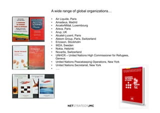 3
A wide range of global organizations…
•  Air Liquide, Paris
•  Amadeus, Madrid
•  ArcelorMittal, Luxembourg
•  Areva, Paris
•  Arup, UK
•  Alcatel-Lucent, Paris
•  Alstom Group, Paris, Switzerland
•  Ericsson, Stockholm
•  IKEA, Sweden
•  Nokia, Helsinki
•  Novartis, Switzerland
•  UNHCR – United Nations High Commissioner for Refugees,
Geneva
•  United Nations Peacekeeping Operations, New York
•  United Nations Secretariat, New York
•  ….
 