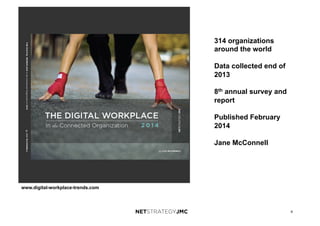 4
www.digital-workplace-trends.com
314 organizations
around the world
Data collected end of
2013
8th annual survey and
report
Published February
2014
Jane McConnell
 