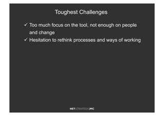 ü  Too much focus on the tool, not enough on people
and change
ü  Hesitation to rethink processes and ways of working
Toughest Challenges
 