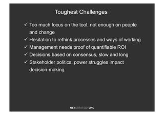 ü  Too much focus on the tool, not enough on people
and change
ü  Hesitation to rethink processes and ways of working
ü  Management needs proof of quantifiable ROI
ü  Decisions based on consensus, slow and long
ü  Stakeholder politics, power struggles impact
decision-making
Toughest Challenges
 