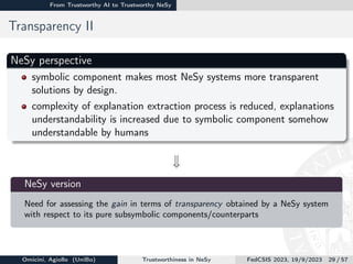 From Trustworthy AI to Trustworthy NeSy
Transparency II
NeSy perspective
symbolic component makes most NeSy systems more transparent
solutions by design.
complexity of explanation extraction process is reduced, explanations
understandability is increased due to symbolic component somehow
understandable by humans
w

NeSy version
Need for assessing the gain in terms of transparency obtained by a NeSy system
with respect to its pure subsymbolic components/counterparts
Omicini, Agiollo (UniBo) Trustworthiness in NeSy FedCSIS 2023, 19/9/2023 29 / 57
 