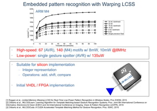 Embedded pattern recognition with Warping LCSS
• High-speed: 67 (AVR), 140 (M4) motifs w/ 8mW, 10mW @8MHz
• Low-power: single gesture spotter (AVR) w/ 135uW
• Suitable for silicon implementation
– Integer representation
– Operations: add, shift, compare
• Initial VHDL / FPGA implementation
[1] Roggen et al., Limited-Memory Warping LCSS for Real-Time Low-Power Pattern Recognition in Wireless Nodes, Proc EWSN, 2015
[2] Ciliberto et al., WLCSSLearn: Learning Algorithm for Template Matching-based Gesture Recognition Systems, Proc. Joint 8th International Conference on
Informatics, Electronics & Vision (ICIEV) and 3rd International Conference on Imaging, Vision & Pattern Recognition (icIVPR), 2019
[3] Ciliberto et al., WLCSSCuda: A CUDA Accelerated Template Matching Method for Gesture Recognition, Proc. ISWC, 2019
ARM M4
 