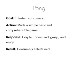 Pong
Goal: Entertain consumers
Action: Made a simple basic and
comprehensible game
Response: Easy to understand, grasp, and
enjoy
Result: Consumers entertained
 