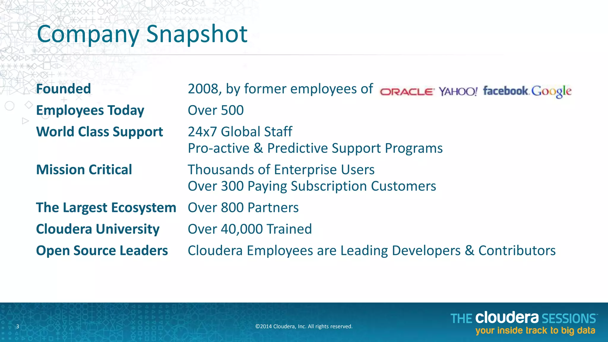 An	
  Environment	
  of	
  Change	
  
©2014	
  Cloudera,	
  Inc.	
  All	
  rights	
  reserved.	
  	
  	
  3	
  
ConsumpAon	
   InstrumentaAon	
  
Value	
   ExploraAon	
  
 