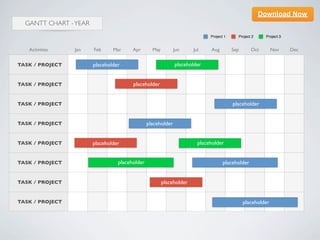 Download Now
  GANTT CHART - YEAR
                                                                            Project 1     Project 2     Project 3


   Activities    Jan   Feb     Mar     Apr       May         Jun     Jul    Aug         Sep      Oct        Nov     Dec


TASK / PROJECT         placeholder                           placeholder


TASK / PROJECT                         placeholder


TASK / PROJECT                                                                          placeholder


TASK / PROJECT                                 placeholder


TASK / PROJECT         placeholder                                     placeholder


TASK / PROJECT                   placeholder                                       placeholder


TASK / PROJECT                                         placeholder


TASK / PROJECT                                                                                placeholder
 