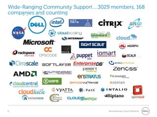 Wide-Ranging Community Support….3029 members, 168
companies and counting




11                                  Revolutionary Cloud Solutions
 