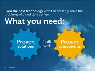 Even the best technology won’t necessarily solve the
problems of cloud data centers

What you need:

                    Proven      built   Proven
                    solutions   with    components




13   Confidential                          Revolutionary Cloud Solutions
                                                    Dell
 