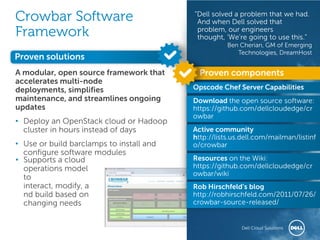 Crowbar Software                          “Dell solved a problem that we had.
                                           And when Dell solved that
Framework                                  problem, our engineers
                                           thought, ―We‖re going to use this.”
                                                     Ben Cherian, GM of Emerging
                                                        Technologies, DreamHost
Proven solutions
A modular, open source framework that       Proven components
accelerates multi-node
deployments, simplifies                   Opscode Chef Server Capabilities
maintenance, and streamlines ongoing      Download the open source software:
updates                                   https://github.com/dellcloudedge/cr
                                          owbar
• Deploy an OpenStack cloud or Hadoop
  cluster in hours instead of days        Active community
                                          http://lists.us.dell.com/mailman/listinf
• Use or build barclamps to install and   o/crowbar
  configure software modules
• Supports a cloud                        Resources on the Wiki:
  operations model                        https://github.com/dellcloudedge/cr
                                          owbar/wiki
  to
  interact, modify, a                     Rob Hirschfeld’s blog
  nd build based on                       http://robhirschfeld.com/2011/07/26/
  changing needs                          crowbar-source-released/


                                                   Revolutionary Cloud Solutions
                                                            Dell
 