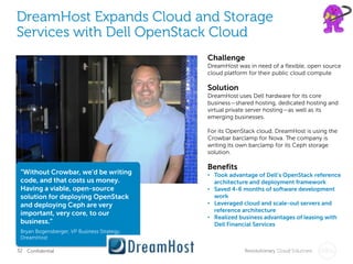 DreamHost Expands Cloud and Storage
Services with Dell OpenStack Cloud
                                             Challenge
                                             DreamHost was in need of a flexible, open source
                                             cloud platform for their public cloud compute

                                             Solution
                                             DreamHost uses Dell hardware for its core
                                             business—shared hosting, dedicated hosting and
                                             virtual private server hosting—as well as its
                                             emerging businesses.

                                             For its OpenStack cloud, DreamHost is using the
                                             Crowbar barclamp for Nova. The company is
                                             writing its own barclamp for its Ceph storage
                                             solution.

                                             Benefits
 “Without Crowbar, we’d be writing           • Took advantage of Dell’s OpenStack reference
 code, and that costs us money.                architecture and deployment framework
 Having a viable, open-source                • Saved 4-6 months of software development
 solution for deploying OpenStack              work
 and deploying Ceph are very                 • Leveraged cloud and scale-out servers and
                                               reference architecture
 important, very core, to our
                                             • Realized business advantages of leasing with
 business.”                                    Dell Financial Services
 Bryan Bogensberger, VP Business Strategy,
 DreamHost

32 Confidential                                           Revolutionary CloudMarketing
                                                                       Global Solutions
 