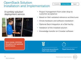 OpenStack Solution                              IT Consulting   Config and Deploy    Support

Installation and Implementation
A turnkey solution         • Project management from order drop to
deployment service           customer acceptance
                           • Based on Dell-validated reference architectures
                           • Onsite hardware and software installation
                           • Optional Rack Integration at a Dell facility
                           • Validation of the installed solution
                           • Knowledge transfer on Crowbar software




 Save money, minimize
 disruption and optimize
 performance.

                                Performed according to          Rapid time-to-live
                                Dell’s best practices


36
                                                     Revolutionary Cloud Solutions
     Dell Confidential
 