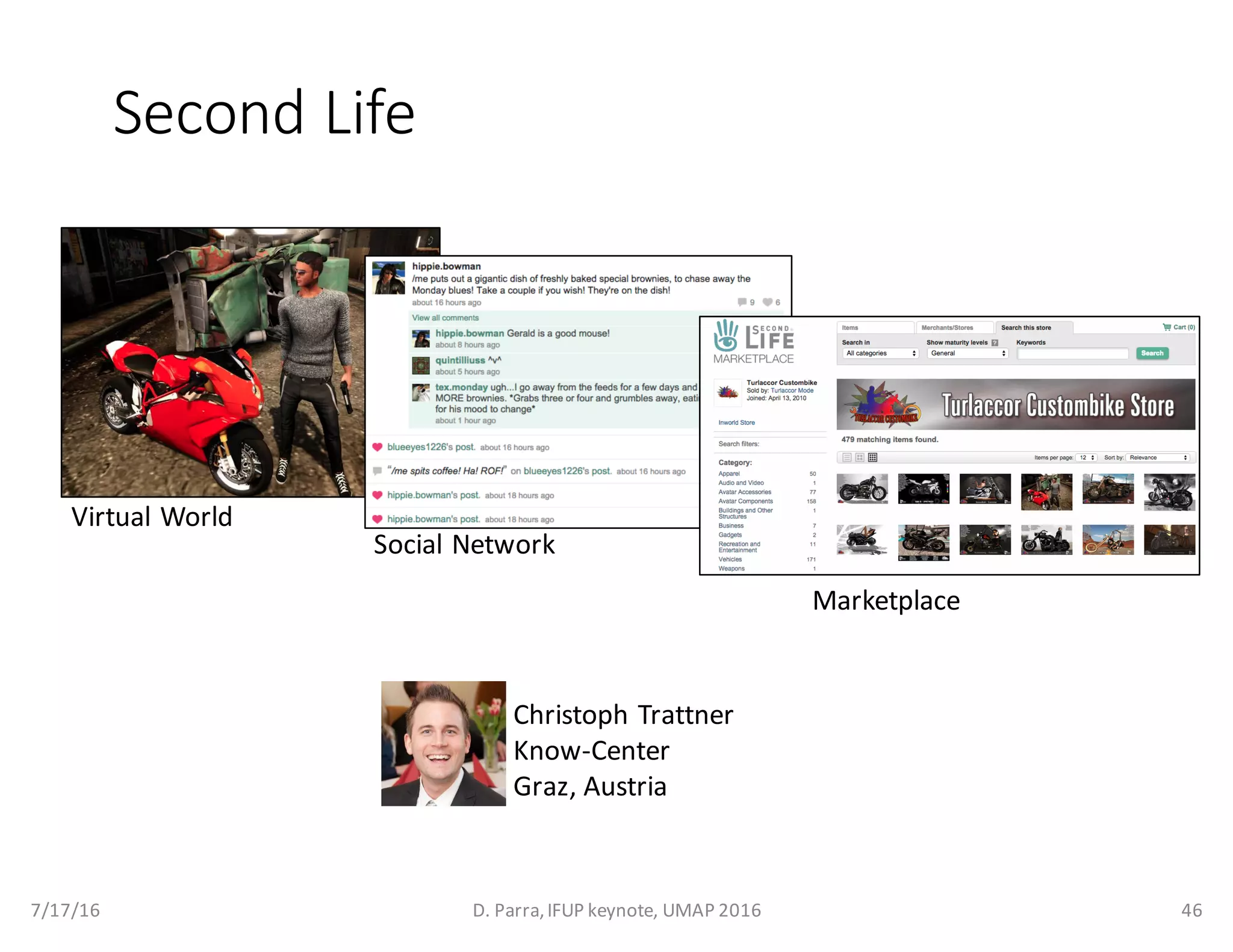 Second	Life
7/17/16 D.	Parra,	IFUP	keynote,	UMAP	2016 46
Social	Network
Marketplace
Virtual	World
Christoph Trattner
Know-Center
Graz,	Austria
 