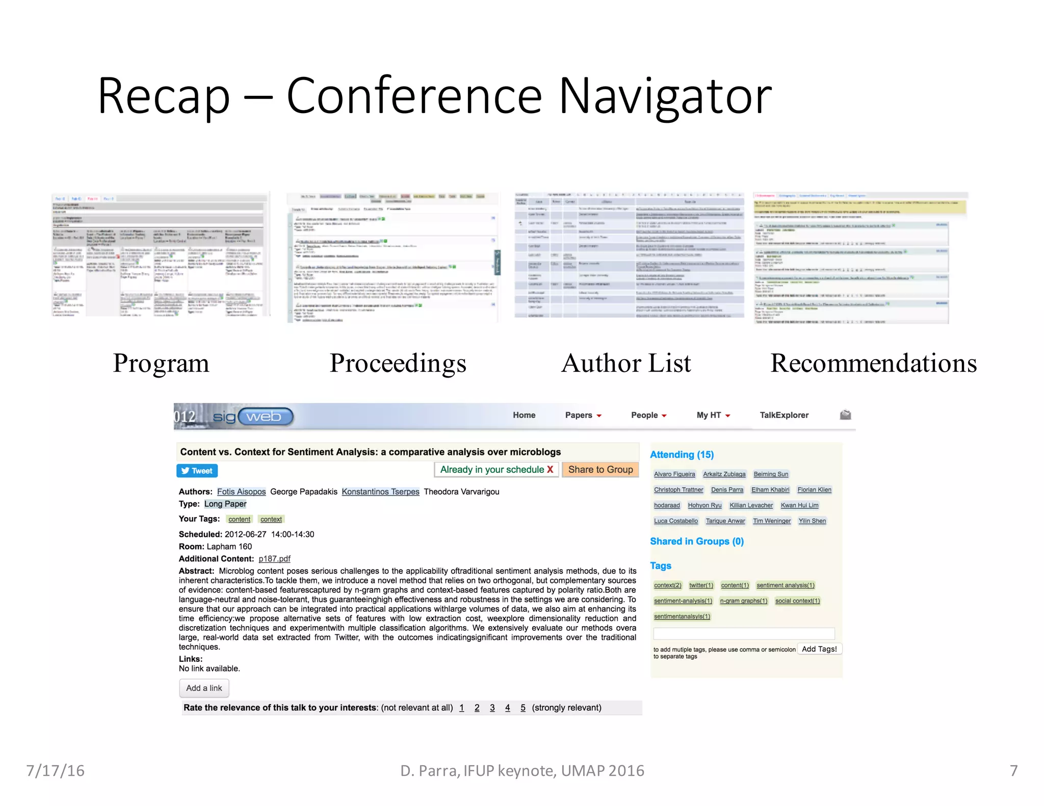 Recap	– Conference	Navigator
Program Proceedings Author List Recommendations
7/17/16 D.	Parra,	IFUP	keynote,	UMAP	2016 7
 