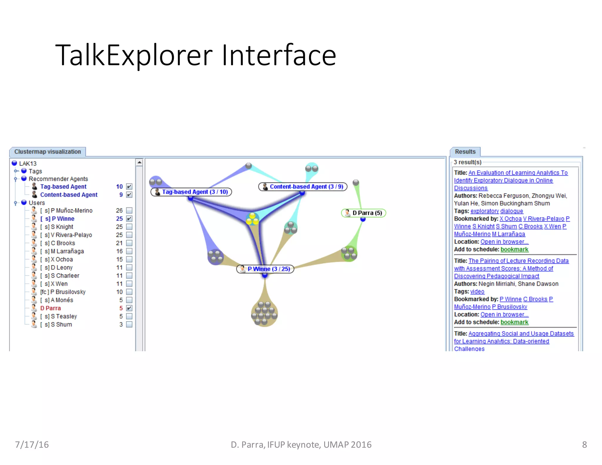 TalkExplorer Interface
7/17/16 D.	Parra,	IFUP	keynote,	UMAP	2016 8
 