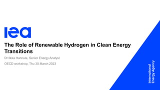 The Role of Renewable Hydrogen in Clean Energy
Transitions
Dr Ilkka Hannula, Senior Energy Analyst
OECD workshop, Thu 30 March 2023
 